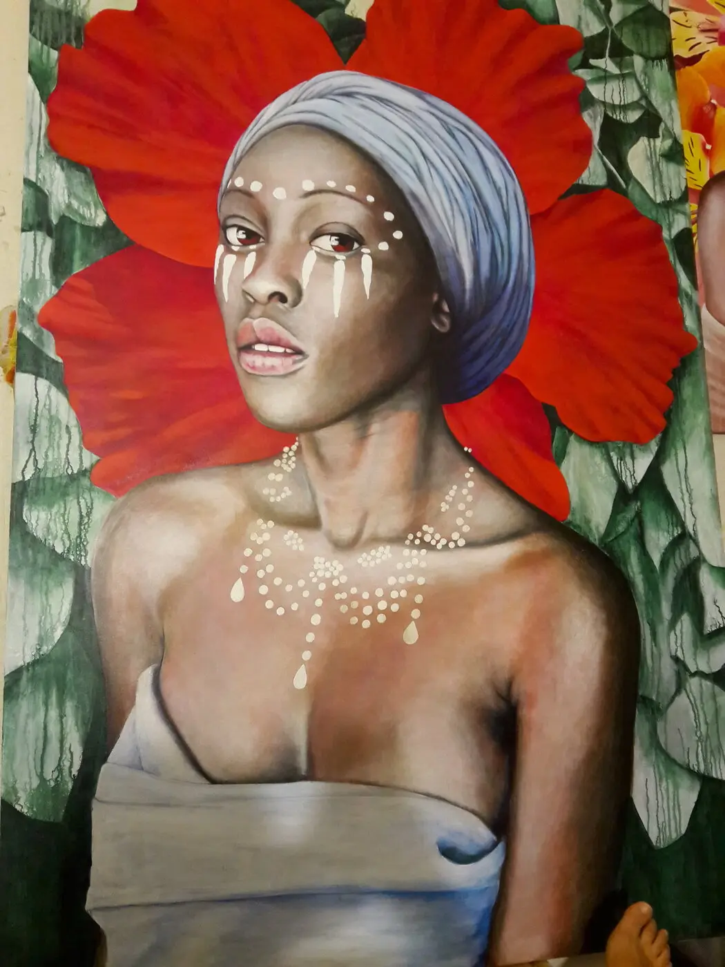 necklace detail on an acrylic portrait about drought