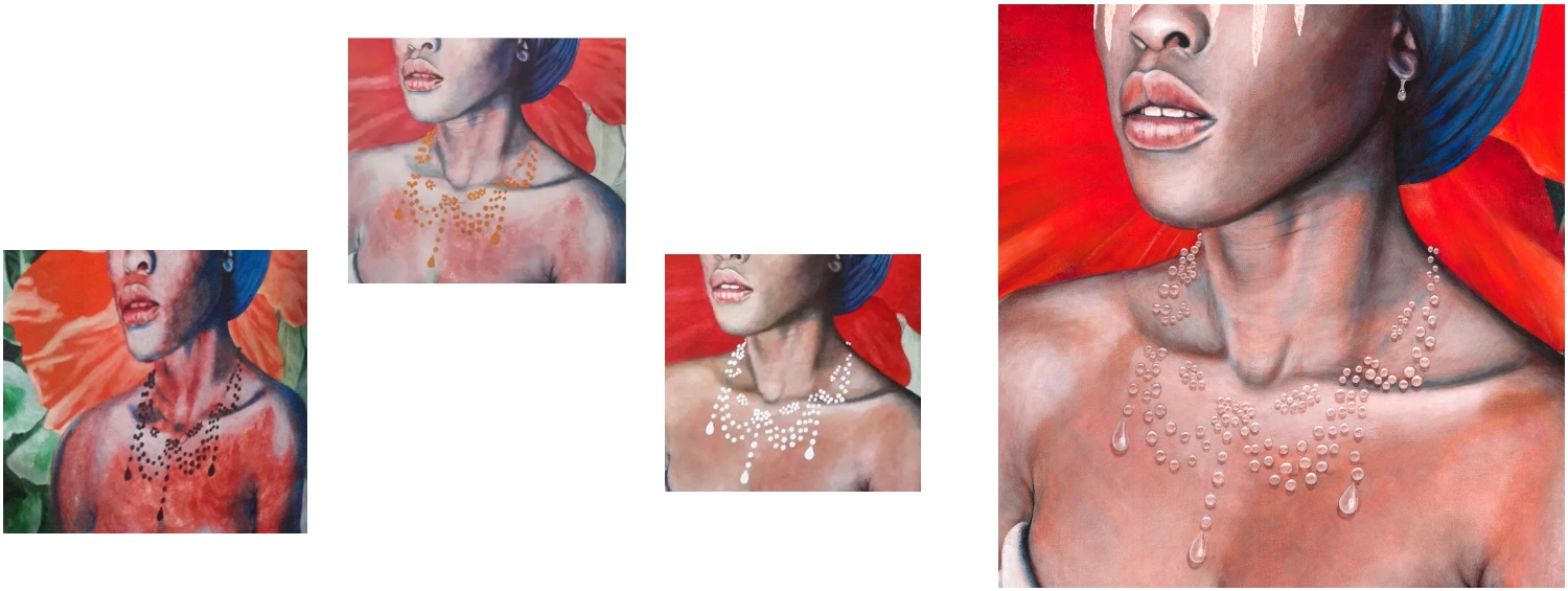 development of the painted necklace and earring from beads to water droplets