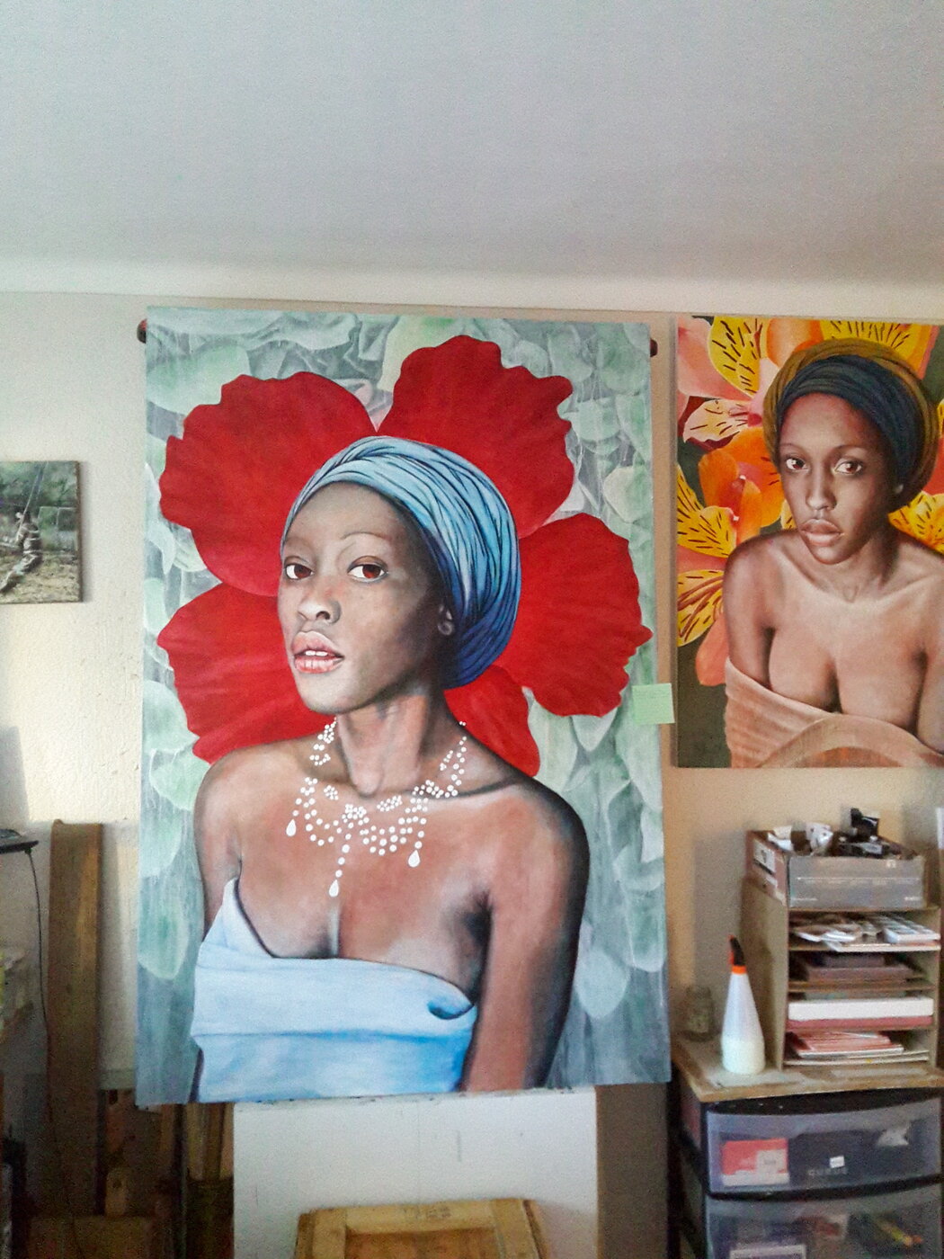 Progressing underpainting for an acrylic portrait about drought